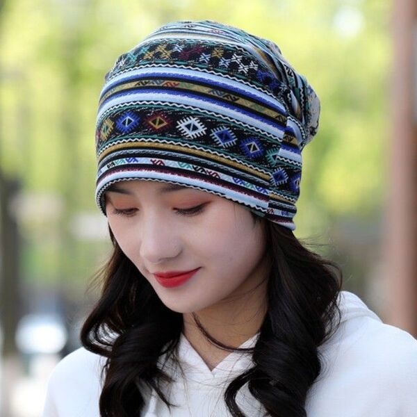バンダナ帽 ケア帽子 ターバン ヘアバンダナ キャップ 青 図形 模様O