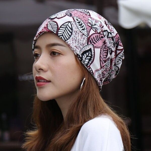バンダナ帽 ケア帽子 ターバン ヘアバンダナ キャップ 桃 模様02 ボタニカル