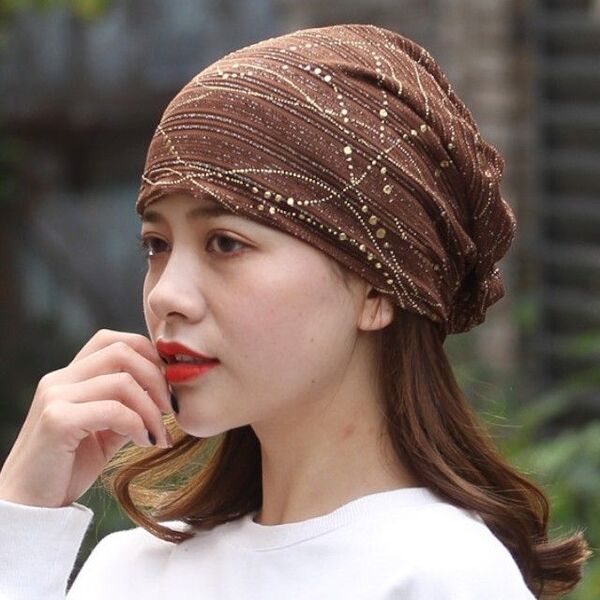 ターバンキャップ 帽子 レース素材 ケア帽子 薄手ブラウン 春夏秋 デザインA