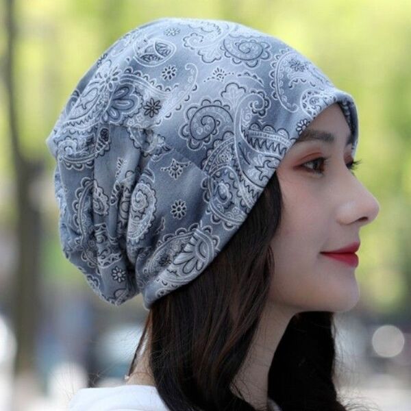 バンダナ帽 ケア帽子 ヘアバンダナ ターバン キャップ ペイズリー 灰 模様40
