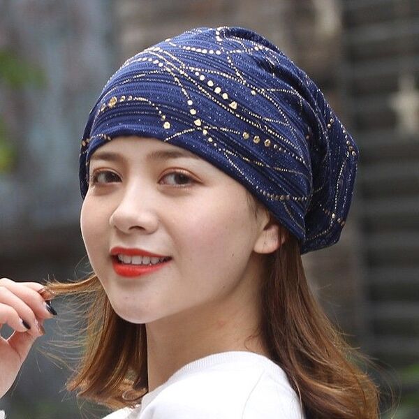 ターバンキャップ 帽子 レース素材 ケア帽子 薄手 春夏秋 紺色 デザインA