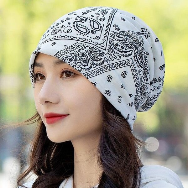 ヘアバンダナ ケア帽子 ペイズリー柄 ターバン ネックウォーマー 模様P 白色