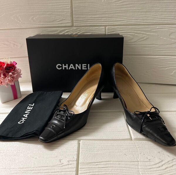 CHANEL シャネル パンプス ローヒール リボン ココマーク ブラック 351/2 C(22.5cm〜23cm)