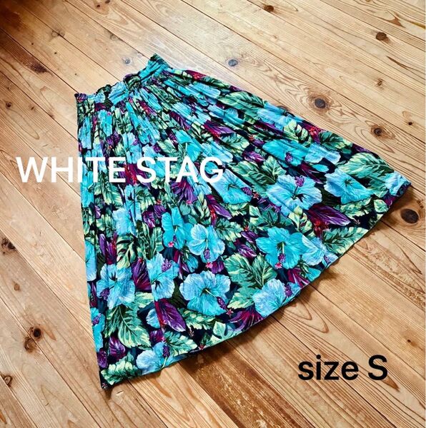 WHITE STAG 花柄パウスカート プリーツスカート ボタニカルスカート ウエストゴム ギャザースカート ロングスカート