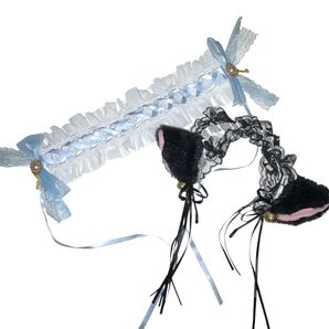 水色ヘッドドレス&黒猫耳カチューシャセット ロリータ メイド コスプレ