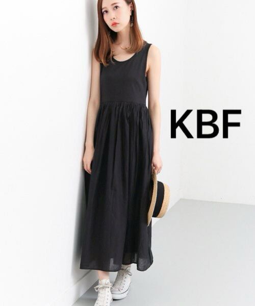 KBF ギャザータンクマキシワンピース ブラック ロングワンピース ノースリーブワンピース