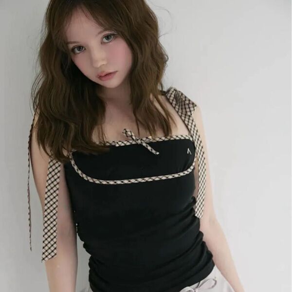 andmary Alice check ribbon tops black