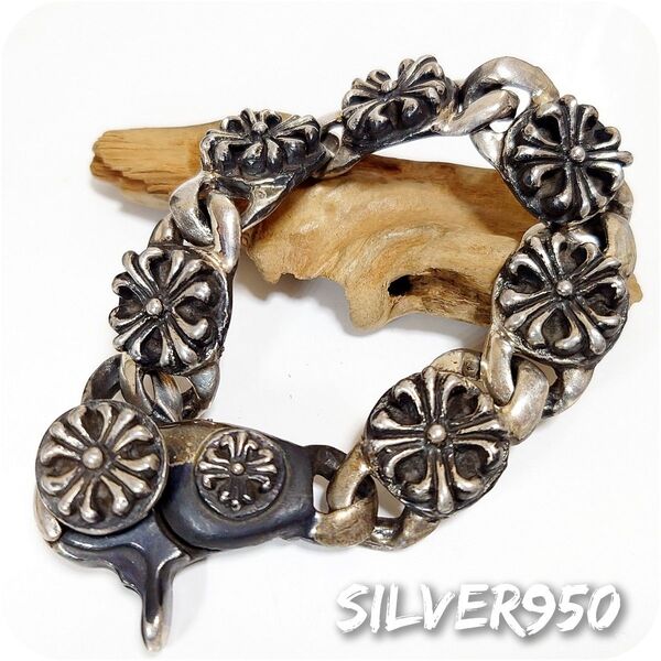 6336 SILVER950★訳あり★重厚 クロス喜平チェーンブレスレット シルバー950 十字架 ナスカン 925 ヴィンテージ