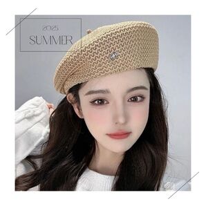 【新品】ベレー帽 夏素材 ベージュ 帽子 麦わら 通気性 調整可能 涼しい パンチング