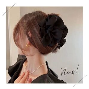 【新品】リボン ヘアクリップ 大きめ 結婚式 ドレス 上品 ヘアアクセ 髪飾り 黒 夏