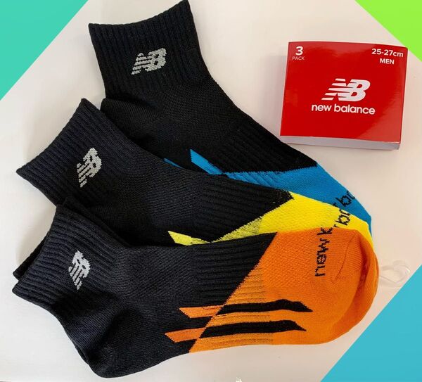 甲メッシュ 靴下 ニューバランス new balance 25?27cm 蛍光 3足セット ソックス メンズ 水色 オレンジ 黄色