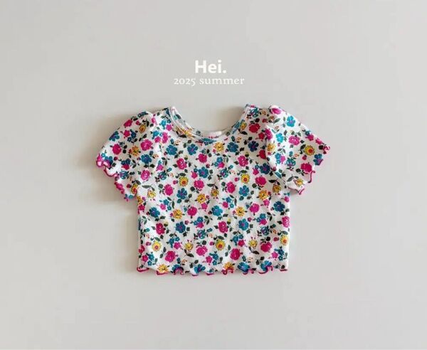 Hei. 花柄フリル袖トップス 韓国子供服 新作 Tシャツ フラワー XLサイズ 半袖 カットソー