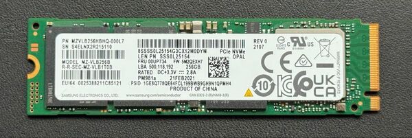 【使用僅か】SAMSUNG SSD PM981a 256GB M.2 NVMe 2280mm