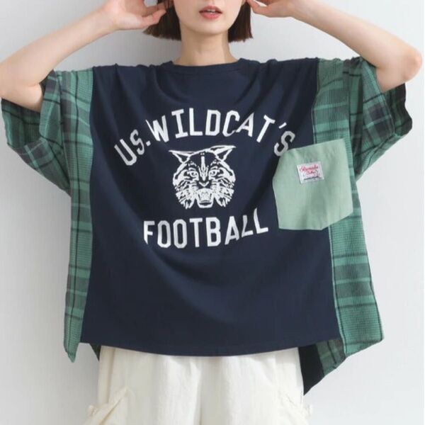 ラスト1点!ルピリアン ピグメント加工×チェック布帛 リメイク タイガープリントT / ネイビー
