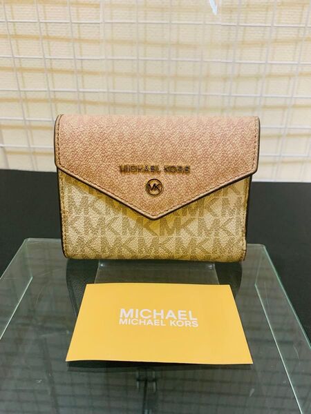 【中古】マイケルコース 折り財布 ウォレット ミニ財布 三つ折り レザー ピンクホワイト