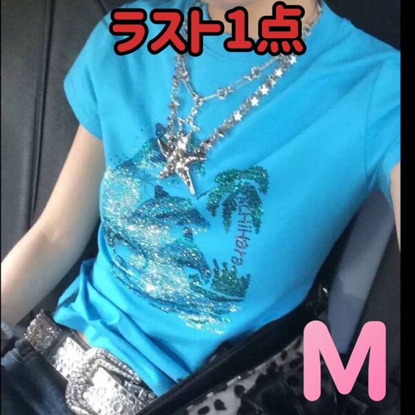 M ブルー いるか Y2K 平成ギャル ピチT 可愛い キラキラ 半袖 Tシャツ ブルー 韓国 グランジ イルカ ラメ 原宿系