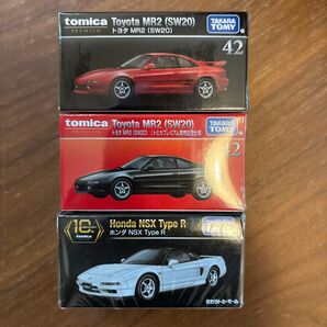 トミカプレミアム3台 10周年記念特別復刻ホンダ NSX Type R、トヨタ MR2発売記念仕様、トヨタ MR2(SW20)