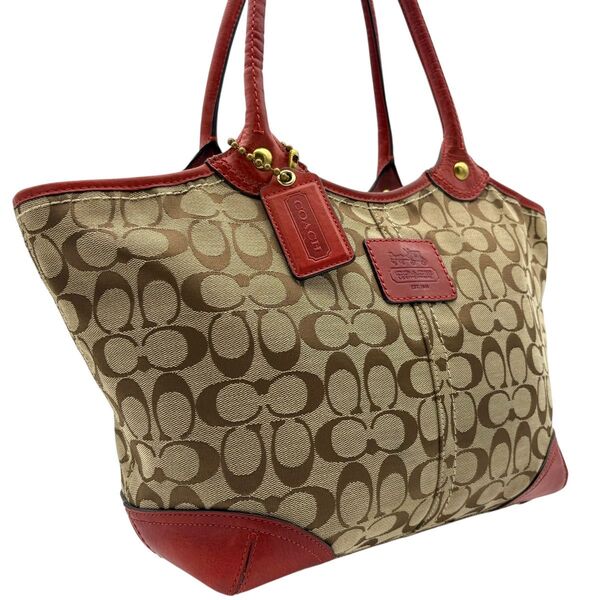 coach コーチ シグネチャー ハンドバッグ 赤 革 A4収納可能