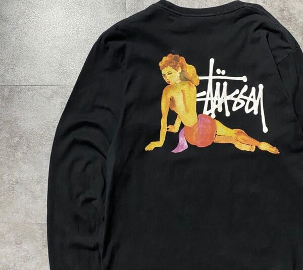 stussy ロンt Tシャツ 長袖 黒 ブラック バックプリント ステューシー OLD stussy 古着 Mサイズ