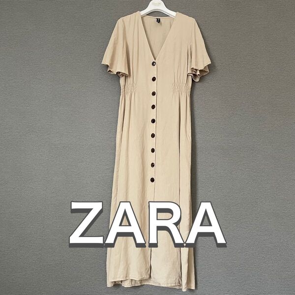 ZARA ザラ ベージュ Vネック ロングワンピース 半袖 XS フレアスリーブ