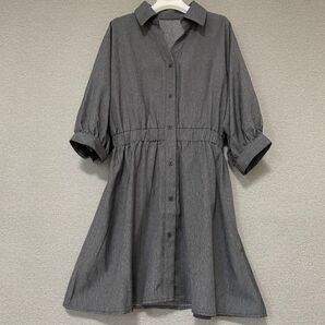 美品 シャツワンピース M グレー ZARA好き様にも! ウエストゴム Aライン