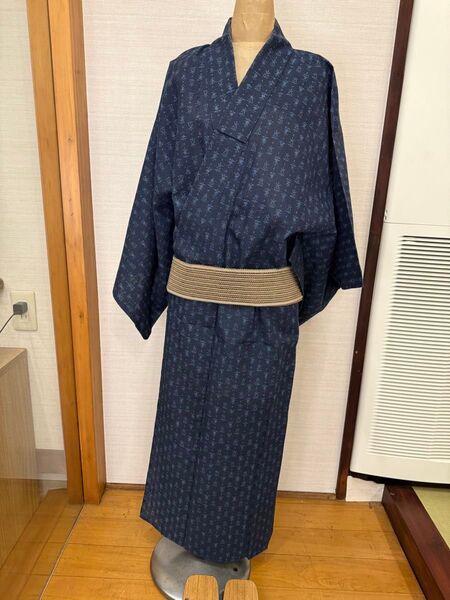 男物 夏用 着物 涼しげな紺&ブルー 小柄 リメイク用 昭和レトロ