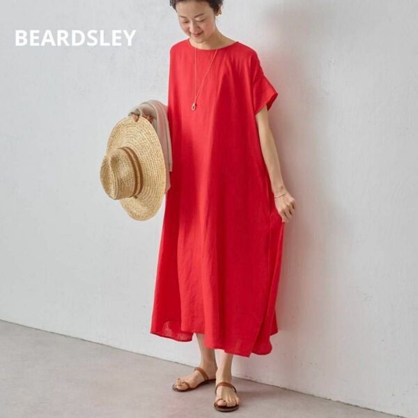 美品♪ BEARDSLEY ビアズリー リネンテントワンピース 麻100% レッド