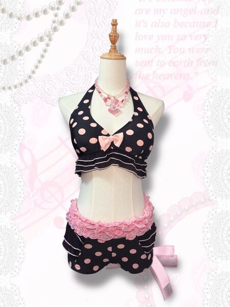 Black x pink polkadots bow bikini