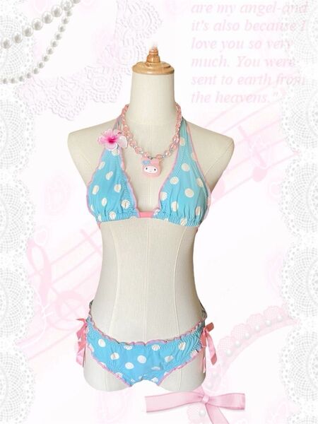 Pink × baby blue polkadots bikini ピンク 水色 水玉 ふりふりビキニ ドット ガーリー