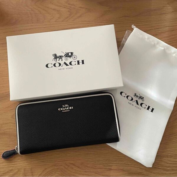 コーチ COACH 長財布 ブラック 白ライン ラウンドファスナー