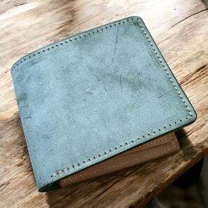 本革 二つ折り財布/ブライドルレザー メンズ ヌメ革 ハンドメイド/グリーン