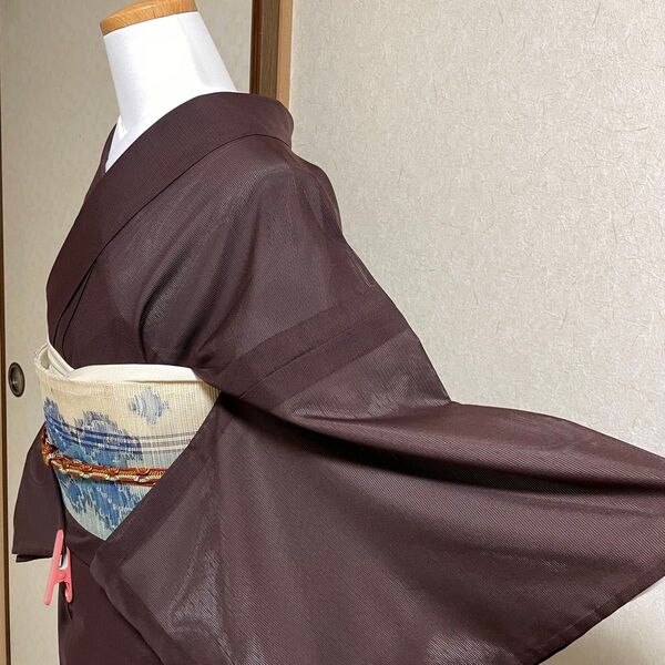 絽 夏着物 盛夏 夏物 単衣 薄物 化繊 色無地 茶色 カジュアル 和服 和装