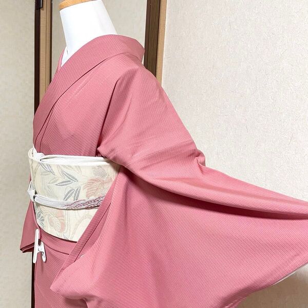 絽 色無地 着物 きもの ピンク 一つ紋 三つ柏 結婚式 お宮参り ウェディング