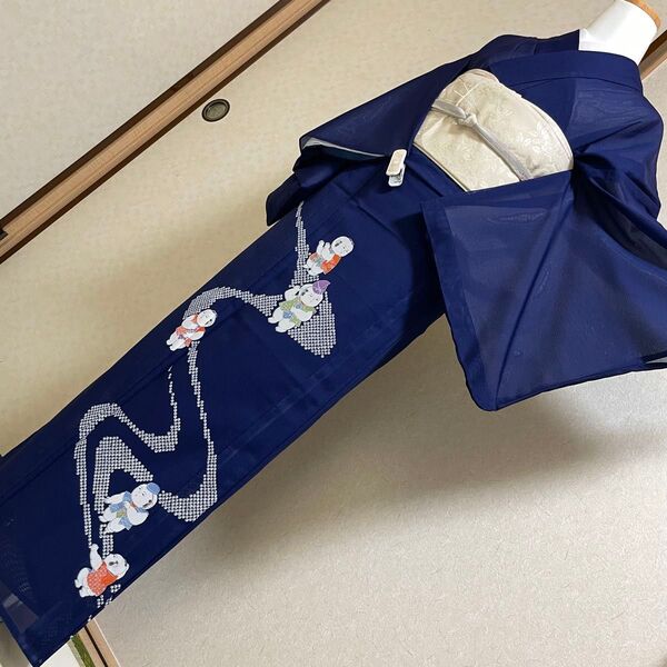 絽 訪問着 着物 きもの 青 ブルー 化繊 結婚式 お宮参り ウェディング
