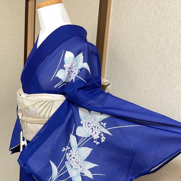絽 訪問着 着物 きもの 青 ブルー 化繊 結婚式 お宮参り ウェディング