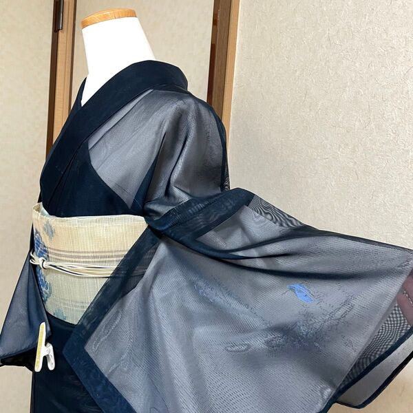 紗 小紋 夏着物 盛夏 夏物 単衣 薄物 正絹 青 カジュアル 和服 和装