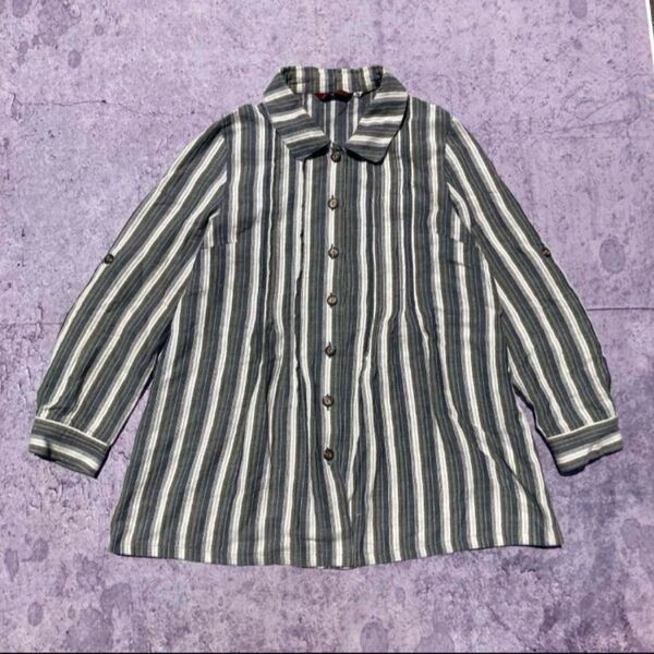 00's vintage シャツ ストライプ 青 白 グレー 羽織 長袖 ボタン