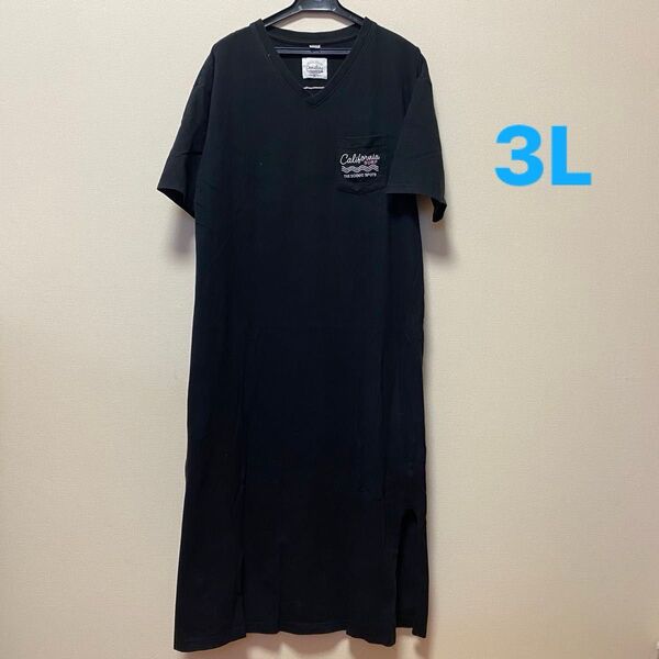 ロング丈Tシャツ 風ワンピースブラック Vネック大きいサイズワンピース ロング ワンピース Tシャツワンピース Tシャツ