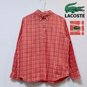 【美品】LACOSTE (ラコステ) ワニロゴ チェック柄長袖シャツ オレンジ 橙色 ブラウス ネルシャツ ボタンダウン