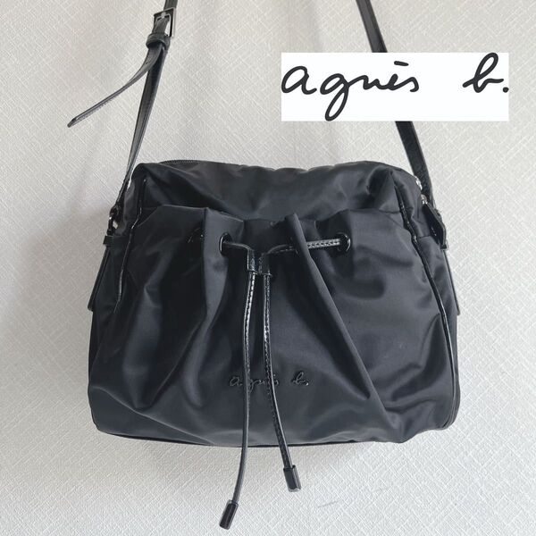 agnes b.(アニエスベー) 巾着型 ナイロンショルダーバッグ BAG 鞄 バッグ かばん ブラック 黒 エナメルパイピング