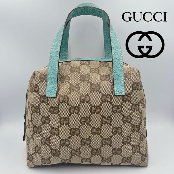 【美品】GUCCI (グッチ) GG柄 キャンバス ライトブルーレザー ミニハンドバッグ ブランドバッグ BAG カバン 鞄