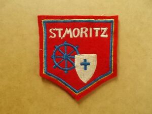 70s サンモリッツ ST.MORITZ スイス刺繍ワッペン/横振り車輪 十字エンブレム紋章レトロ雑貨スノボ鷲アップリケ旅行パッチ盾 v114