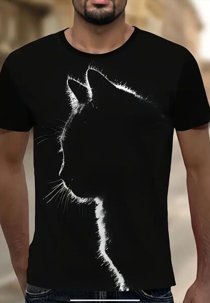 新品 未使用 猫プリント 半袖Tシャツ メンズ XL LLサイズ M(JPーXL) 両面プリント ブラック 黒