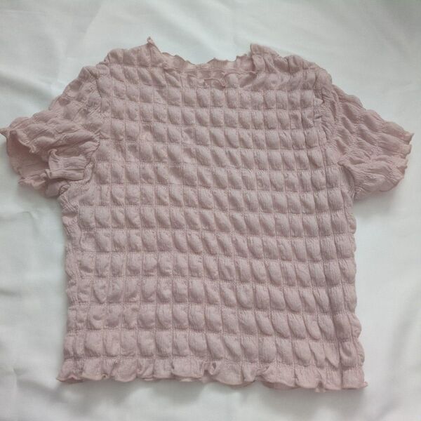 ピンク色 シャーリング Tシャツ トップス 半袖 M シャーリング