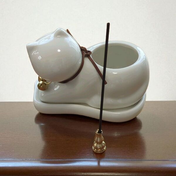 猫型香炉 ペット用仏具 ペットロス 陶器 線香立て ハンドメイド
