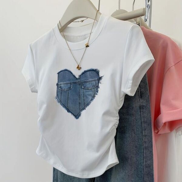 ハートデニムプリントTシャツ 半袖TシャツL