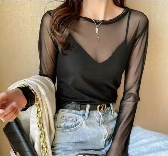 レディースハイネックブラウス 長袖 セクシー 重ね着シースルートップス 透け薄手