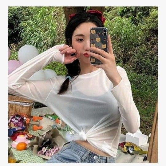 レディースハイネックブラウス 長袖 セクシー 重ね着シースルートップス 透け薄手 ホワイト