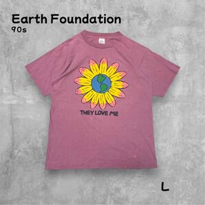 90s Earth Foundation アートTシャツ 両面プリント くすみピンク Lサイズ ひまわりT くすみカラー 半袖