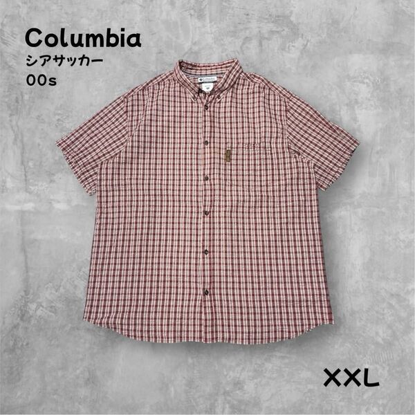 Columbia シアサッカーシャツ XXLサイズ チェック柄 半袖シャツ 00s ボタンダウンシャツ BDシャツ 赤 白